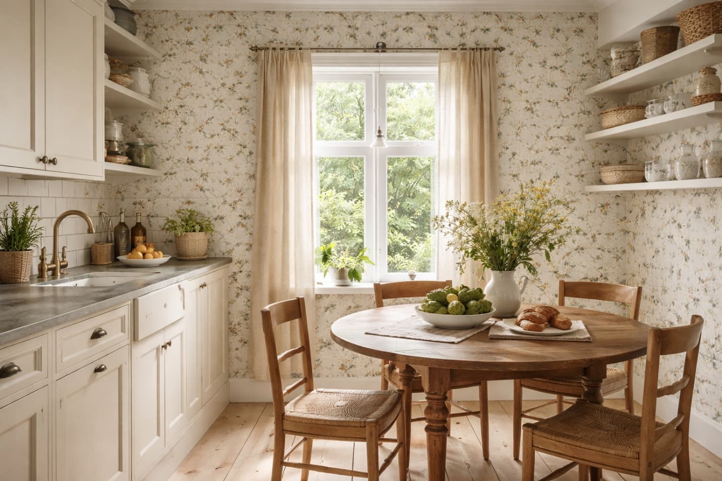 Farmhouse dining room with a soft floral mural