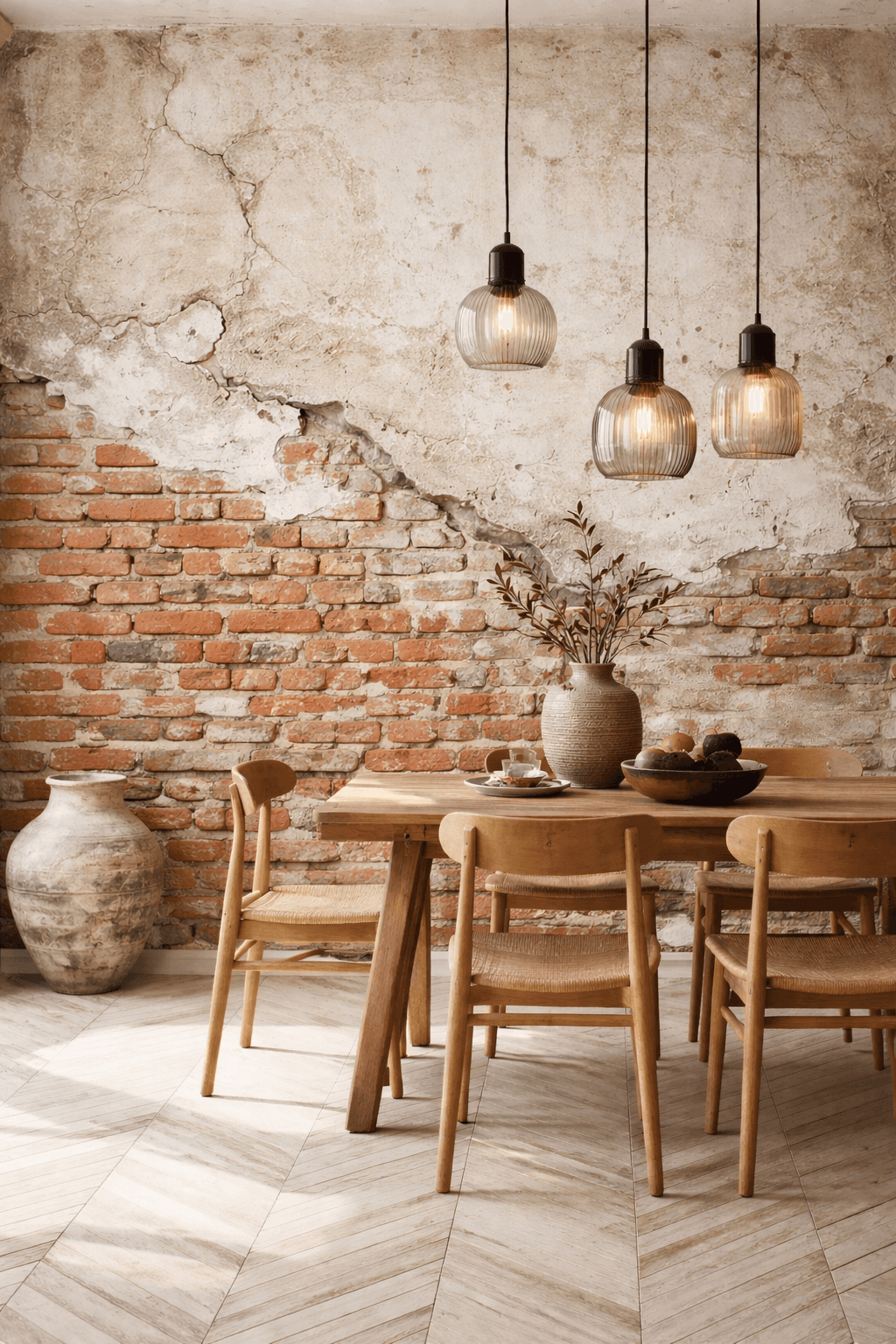 Industrial dining room with a textured brick mural