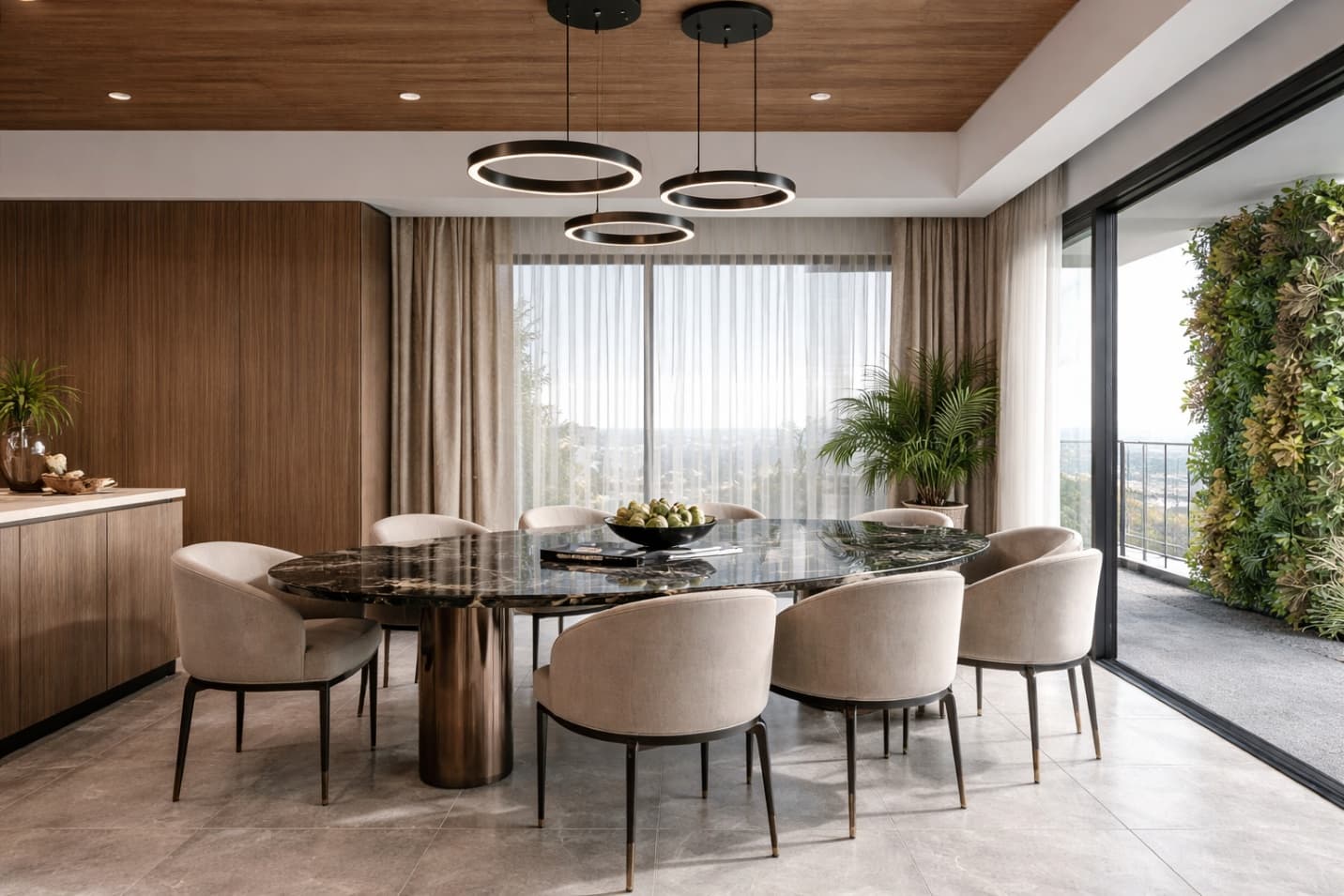 Contemporary dining room with a minimal mural
