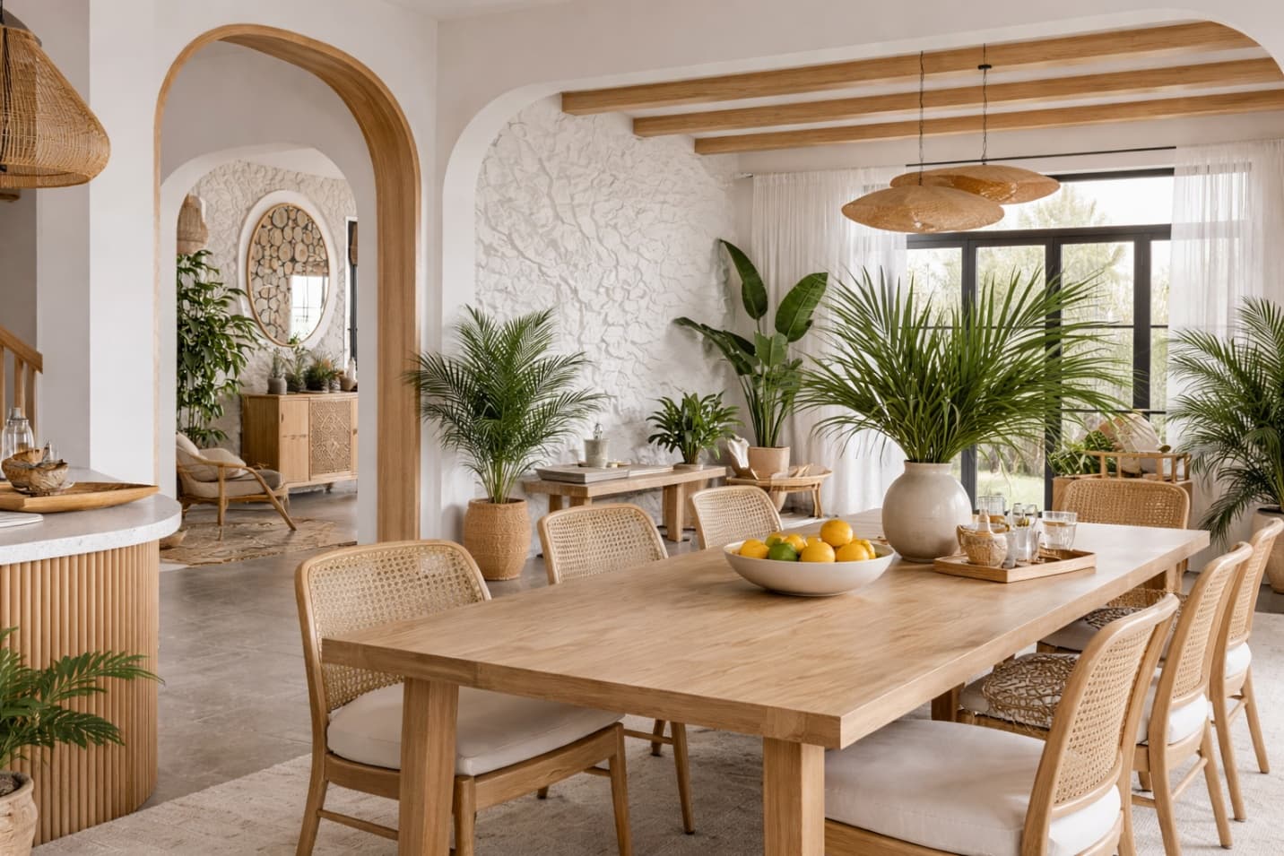 Dining room with a tropical botanical mural