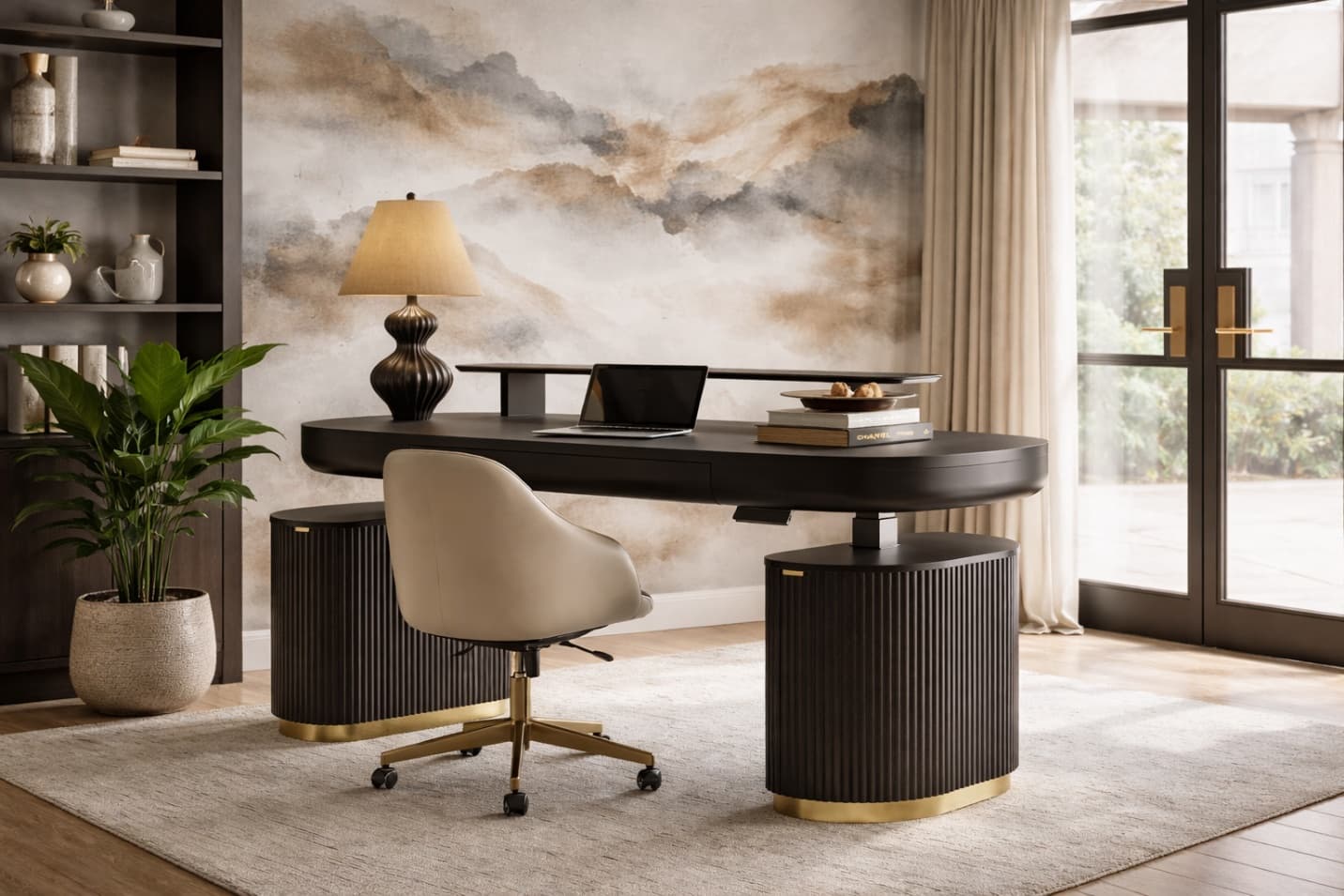 Luxurious home office with sleek black desk and abstract watercolour wallpaper