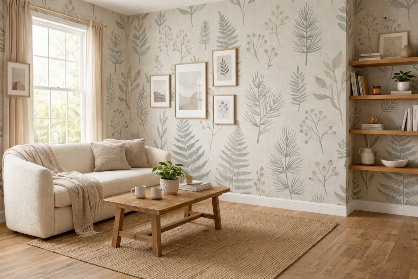 Scandi cosy living room with soft neutral textures, warm wood accents, and botanical details
