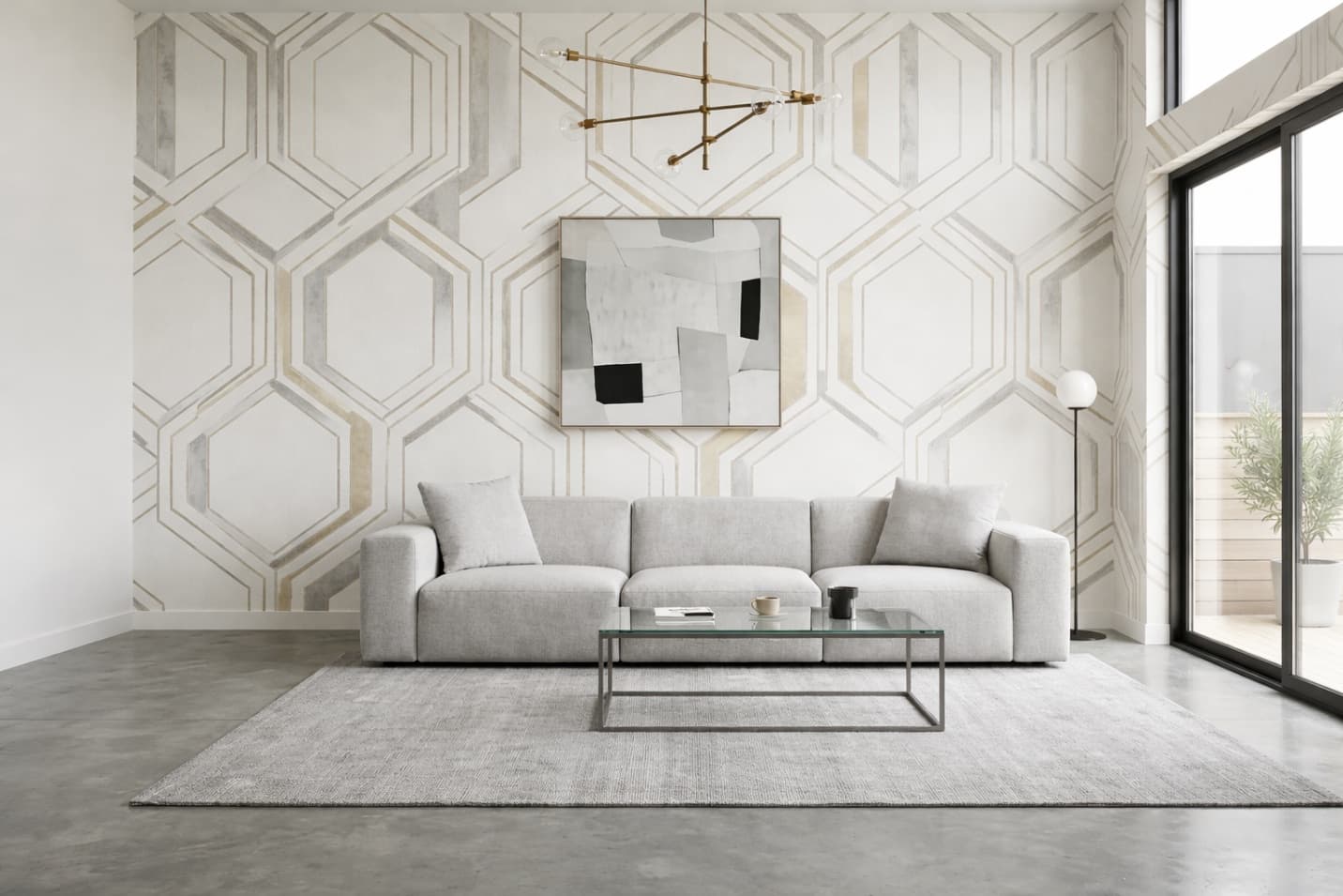 Modern geometric living room with sleek contemporary styling and refined neutral tones