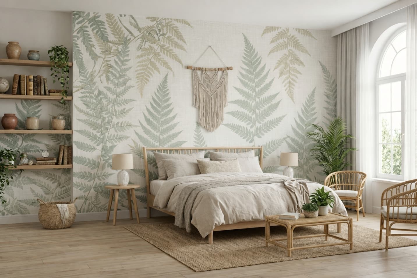 Scandinavian boho bedroom with soft fern mural, warm wood furniture, and woven textures