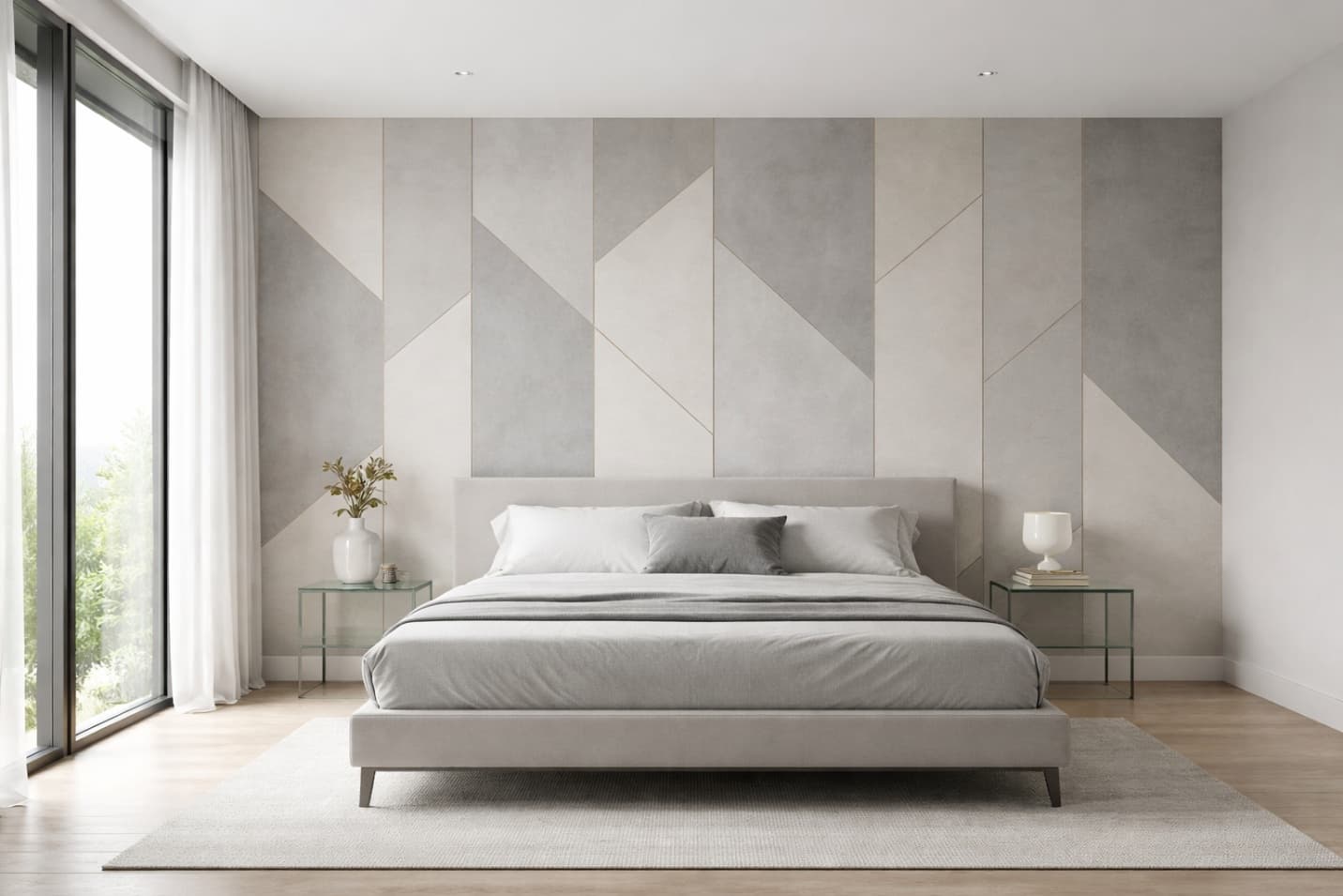 Eclectic bedroom with richly patterned tile-inspired accent wall, woven furniture, and jewel tones