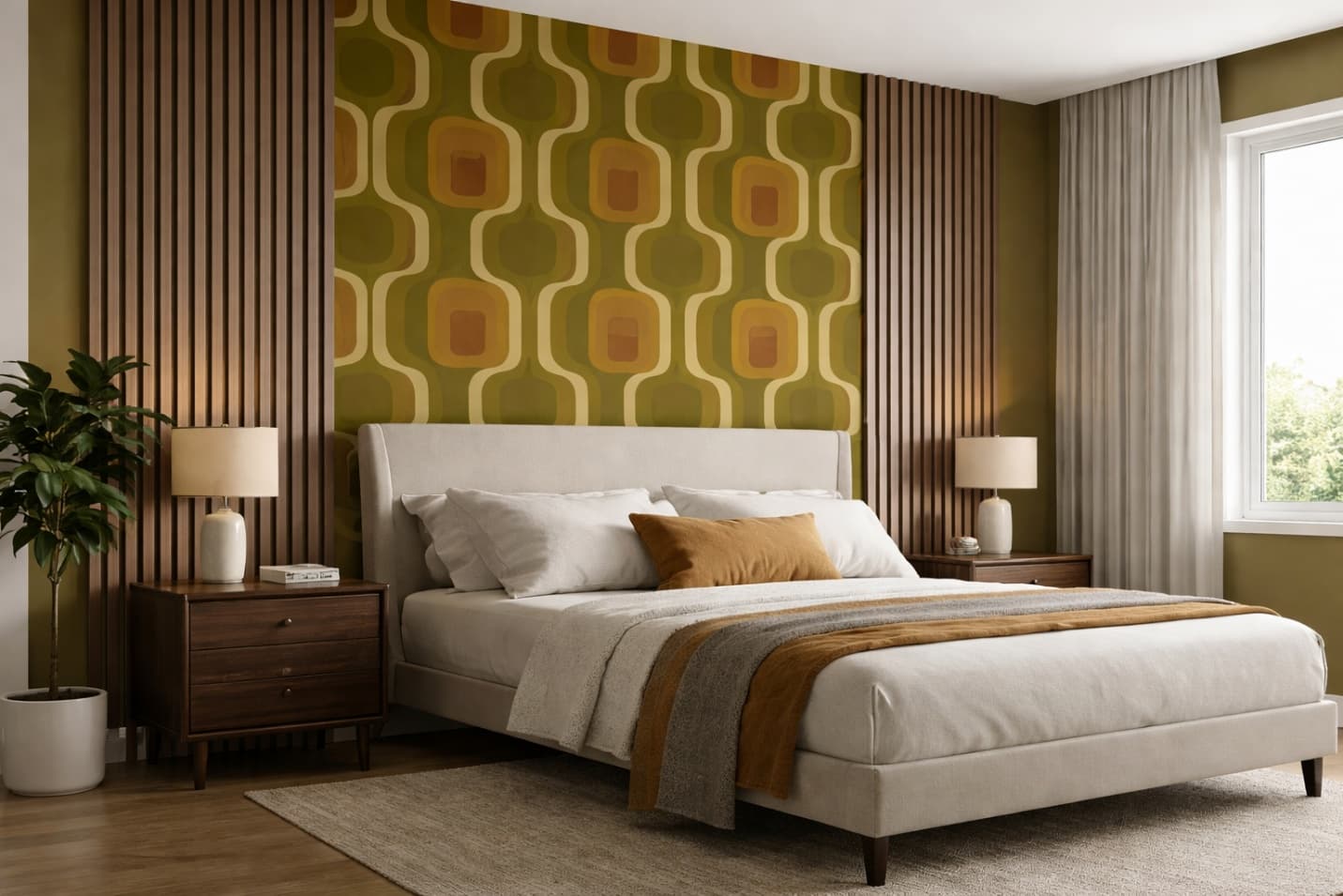 Modern minimalist bedroom with soft neutral geometric panels and clean uncluttered design