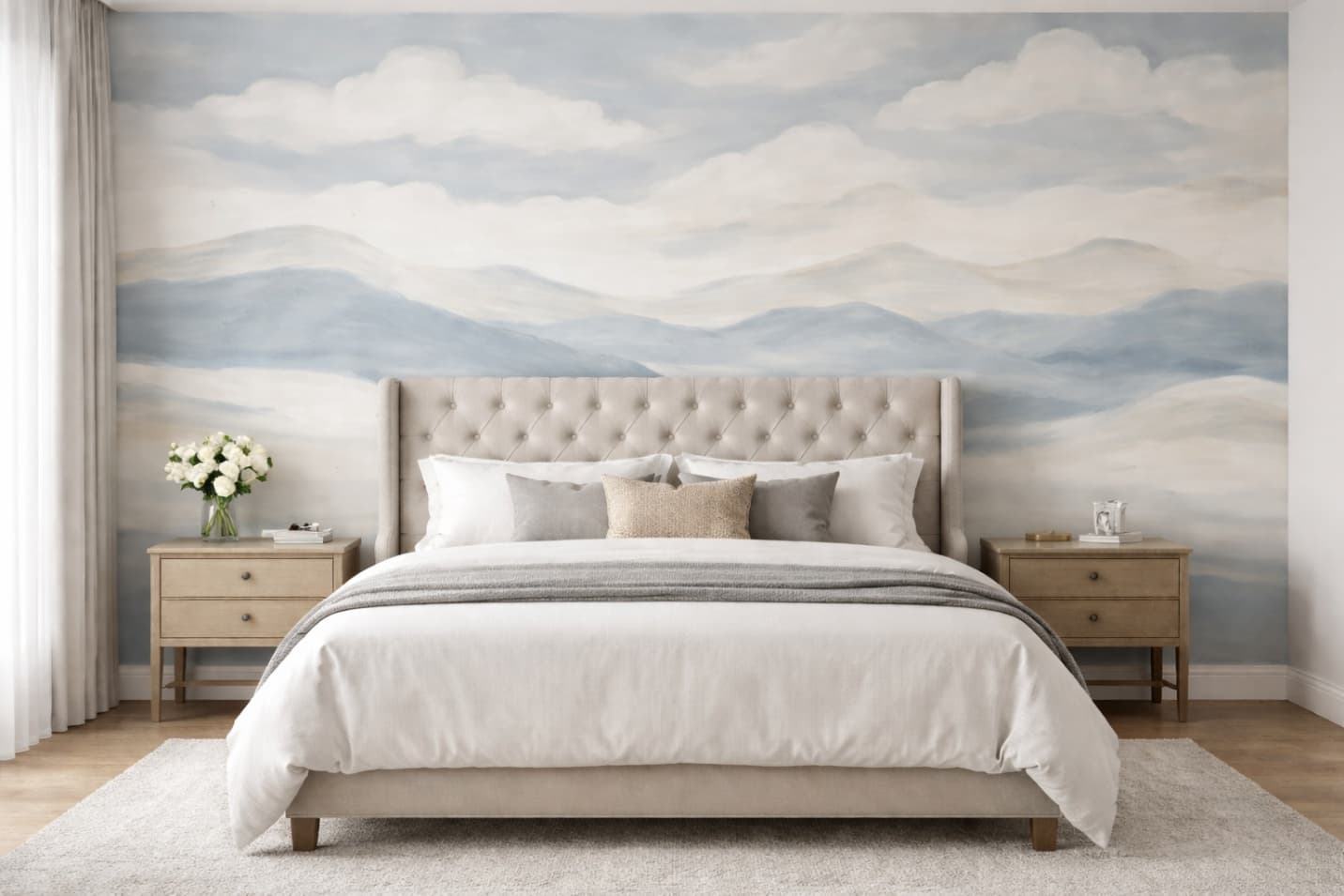 Serene pastoral bedroom with sky-inspired mural, neutral furnishings, and calming blue tones