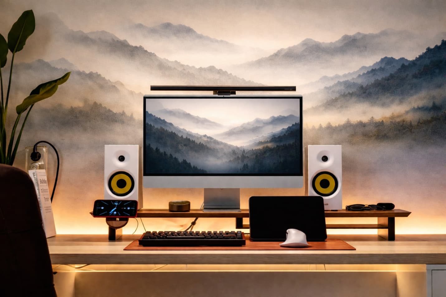 Sleek calming home office with minimalist desk, warm ambient lighting, and misty mountain mural