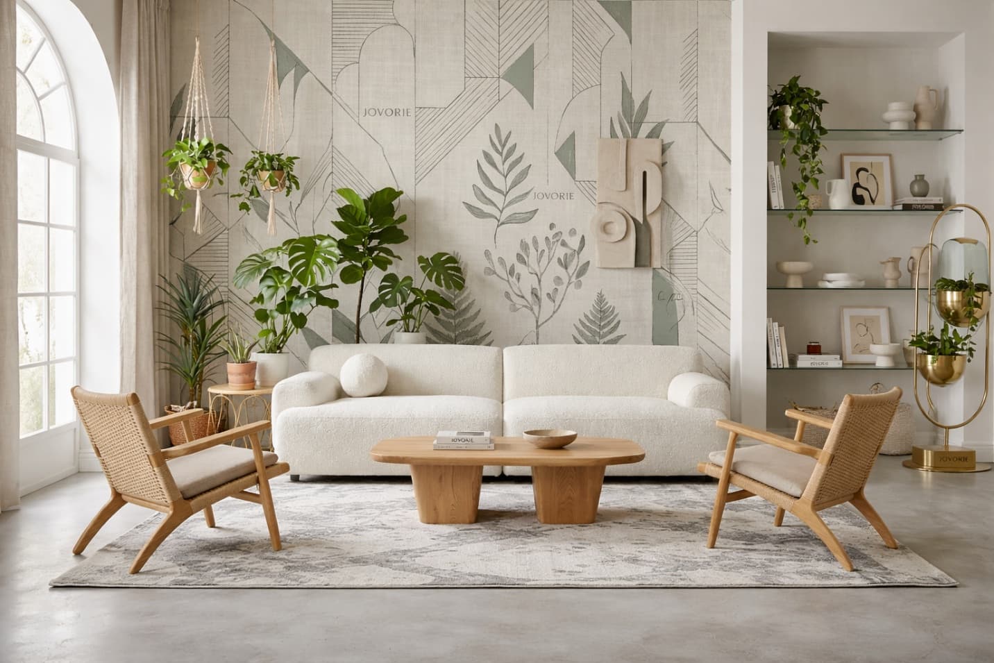 Scandi minimal living room with clean lines, soft neutrals, and subtle botanical textures