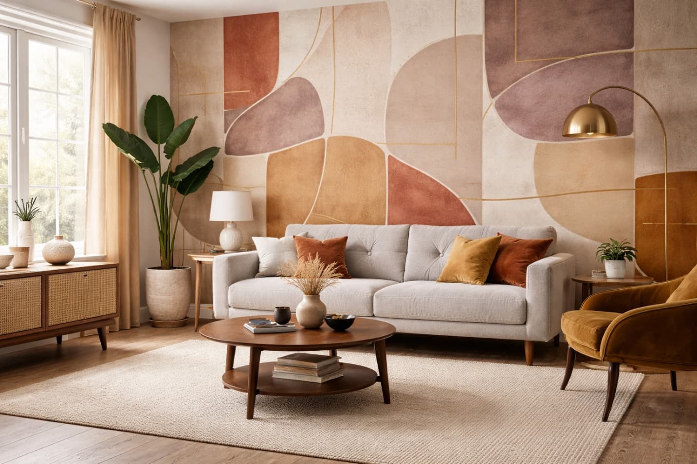 Mid-century modern living room with warm wood tones, retro furniture, and earthy accents