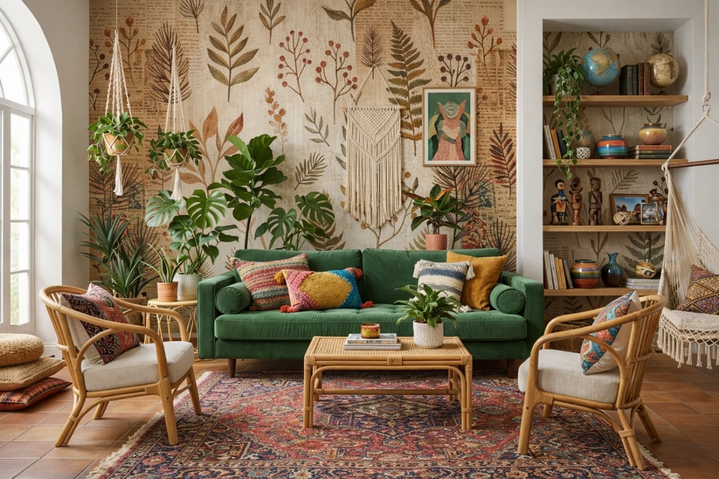 Earthy boho living room with layered textures, woven accents, and lush greenery