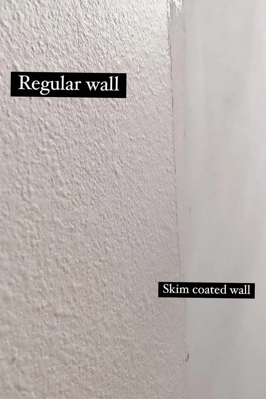 Side-by-side comparison of a regular textured wall and a skim-coated wall